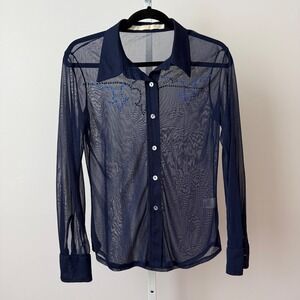 Ivory Whimsigoth Y2K Office Siren Western Sheer Beaded Mesh Blouse Large Navy